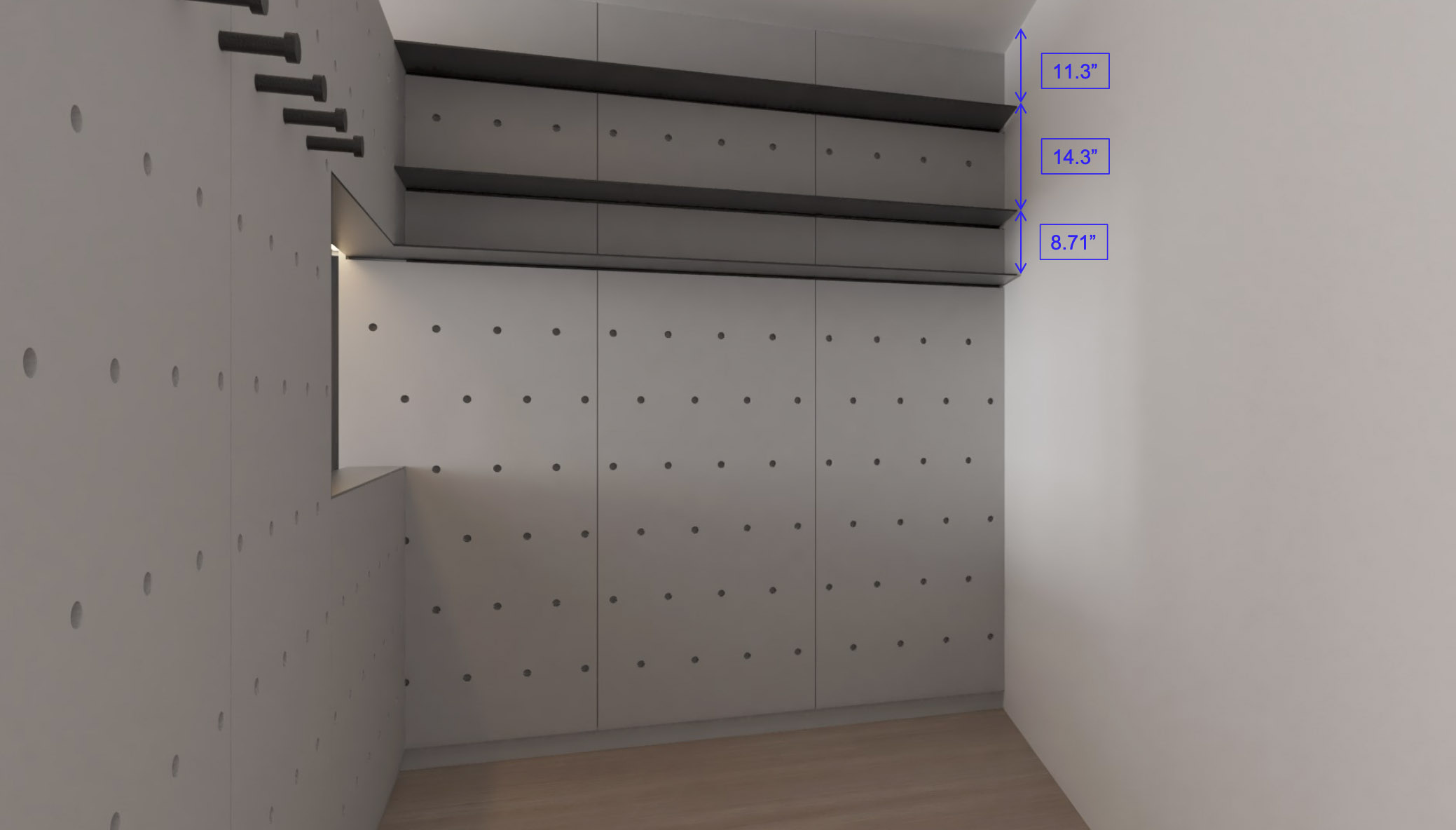 A refined version of the former kitchen area. The panels being ordered from Reform will make up the pegboard system. (Image credit: BOS|UA )